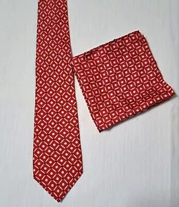 Designer Richel Neck Tie & Pocket Square Set Spain Silk Geometric Red - Picture 1 of 6