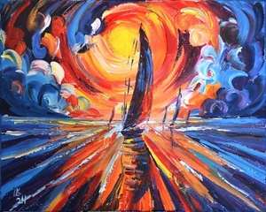 Sailboat at Sunset – 20x16 Original Seascape, Peaceful Coastal Wall Art - Picture 1 of 5