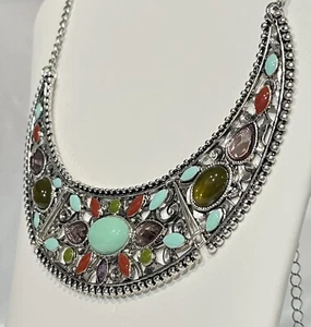 Silver Multi color stone bib Necklace Premier Designs Jewlery - Picture 1 of 7