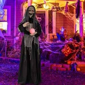 6ft Halloween Animatronics Standing Witch with Light Up Eyes and Magical Ball - Picture 1 of 10