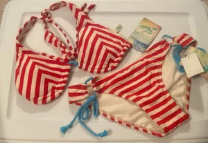 Hobie Red White Stripes Nautical Bikini Swimsuit Size S Blue Ties Lined Padded - Picture 1 of 12