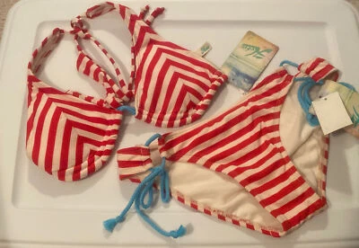Hobie Nautical Bikini Swimsuit Size S Red White Stripes Blue Ties Lined Padded - Image 1 of 4