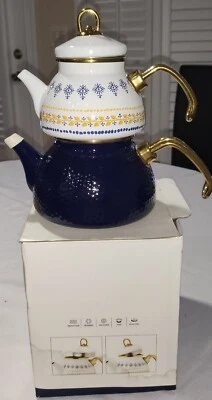 Ethnic Enamel tea pot set, NEW,  in box, set 3 pcs, Upper 0.5 LT / Lower 1.1 LT - Image 1 of 4