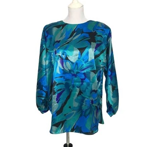 Camicetta tunica vintage Gianna colorata top donna verde medio blu raso foral - Foto 1 di 7