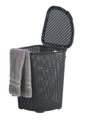 Plastic Wicker Corner Laundry Hamper with Lid and Handles-Onyx Grey (50 Liter) - Image 1 of 4