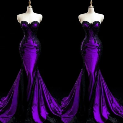 深紫色缎面美人鱼婚礼礼服清扫火车花边贴花新娘礼服 — 第 1/4 张图片