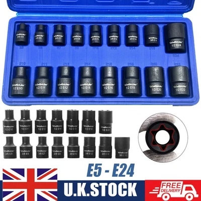 17pc Impacted E Torx Star Sockets E5 - E24 3/8" and 1/2" Drive CR-MO Winholder - Image 1 of 4