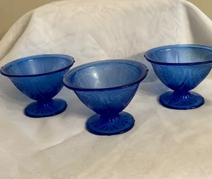 Three Vintage Cobalt Blue Hazel Atlas Royal Lace Footed Sherbet Dessert Dishes - Picture 1 of 8
