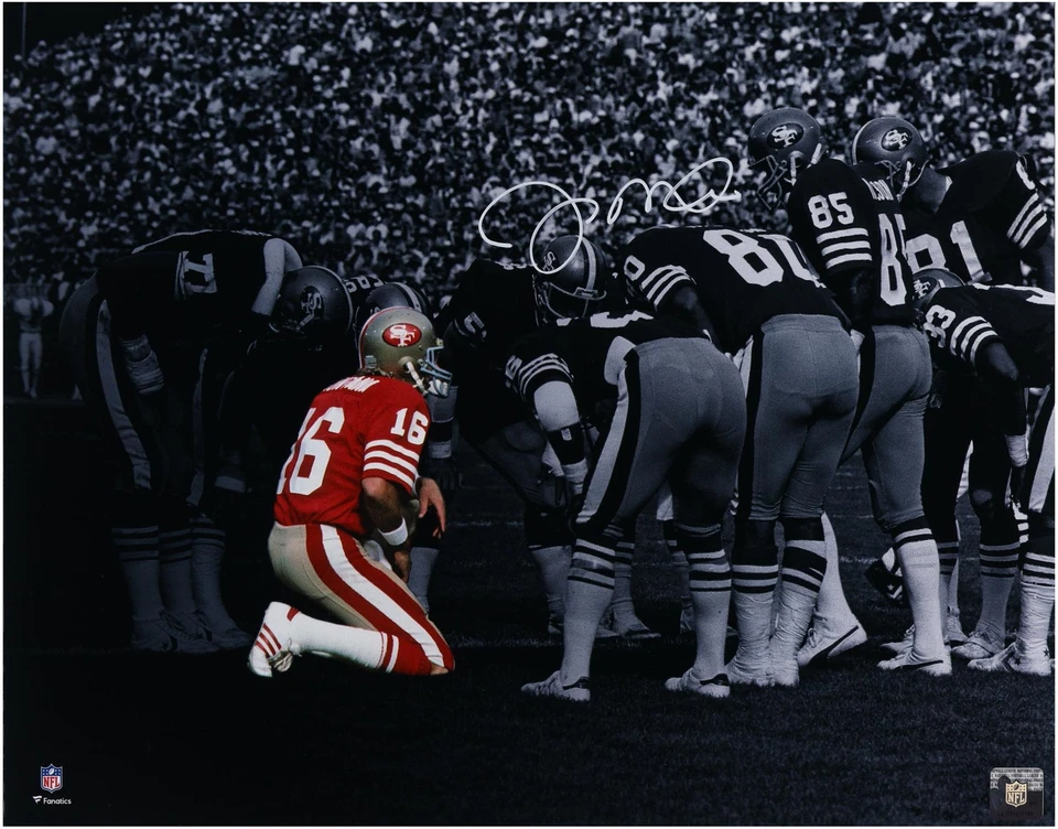 Joe Montana San Francisco 49ers Firmado 16x20 Huddle Spotlight Foto Firmado Blanco Foto 1 de 1