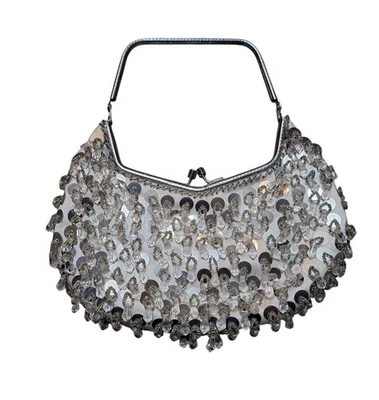 BOLSA DE LANTEJOULAS VINTAGE COM MIÇANGAS PRATA POR BARBARA REED  - Imagem 1 de 4