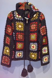 Damen große Granny Square Strickjacke durchgehender Reißverschluss Vintage Kapuze, Carole Little 1990 - Bild 1 von 6