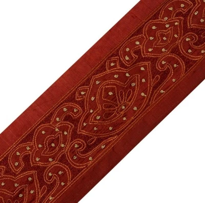 Vintage Saree Border Indian Craft Trim Hand Beaded Embroidered Lace Maroon - Image 1 of 4