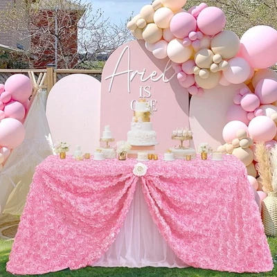 Pink Rosette Tablecloth, 90 x 132 Inches, Baby Shower, Birthday, Party, 3D,Decor - Image 1 of 4