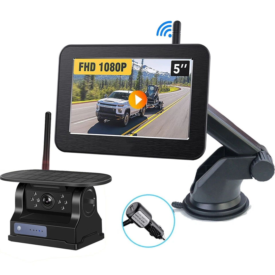 Magnetic Solar Wireless Backup Camera 1080P DVR 5" Monitor Reverse for Truck RV - image 1 of 4