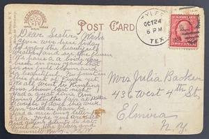 Tyler, Texas Post Card - mailed Oct 24, 1909 to Elmira, NY - TX - Picture 1 of 2