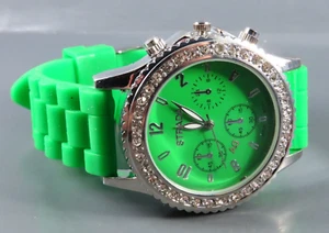 STRADA WRIST WATCH Green Silicone Sport Band SILVER w/CLEAR CRYSTALS Big Dial - Picture 1 of 5
