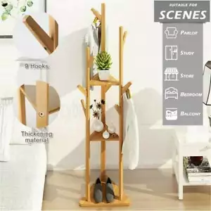 Floor Standing Hat Coat Rack Jacket Hanger Solid Wood Storage Stand W/ Shelves - Picture 1 of 12