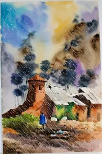VINTAGE WATERCOLOR PAPER SIGNED MENDEZ SOUTH AMERICAN PERU VILLAGE RAINING DAY - Picture 1 of 6