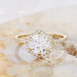 1.2ct Round Cut Moissanite Halo Women Engagement Ring 14k Yellow Gold Plated - Picture 1 of 5