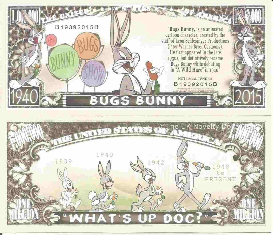 Bugs Bunny Whats Up Doc Zeichentrickfigur Millionen-Dollar-Scheine x 2 Kaninchen