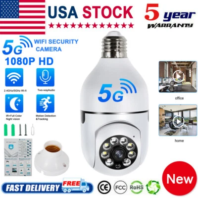 Panorama Screw in Light Bulb Security Camera Outdoor 2.4G/5G WiFi 1080P Smart US - Image 1 of 4