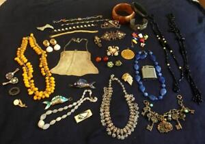 Large Vintage Art Deco Jewelry Lot Whiting & Davis Amber Sterling Lisner More