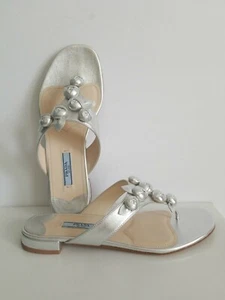 PRADA SILVER Knotted Flowers Elegant Thongs Flip Flops Sandals 36.5 I LOVE SHOES - Picture 1 of 7