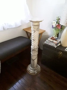 ITALIAN MARBLE CLASSICAL SPIRAL CARVED GREEK KEY COLUMN PEDESTAL STAND - Picture 1 of 11