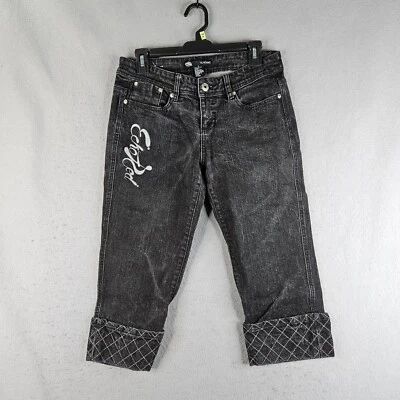 Pantalones de mezclilla capri Eckored para mujer talla junior negros con puños bordado logotipo Y2K Foto 1 de 4