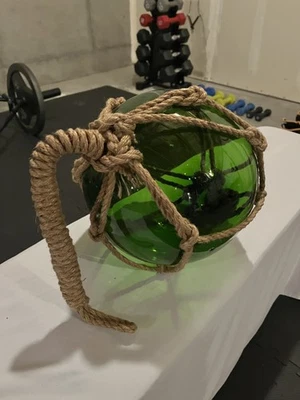 Large 8" Diameter Nautical Fishing Float Green Glass with Buoy Rope - Image 1 of 3