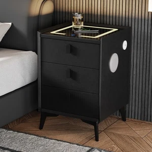 Oikiture Smart Bedside Table Wireless Charging LED Lights 3 Drawers Black - Picture 1 of 10