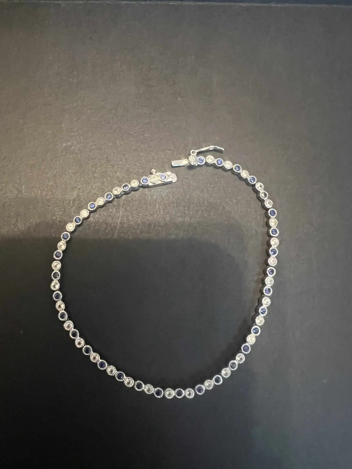 925 Sterling Silver Genuine Diamonds & Sapphire Tennis Bracelet 7.5" - Image 1 of 1