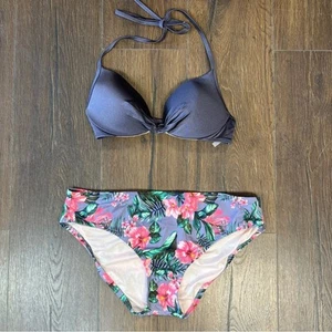 Shade & Shore Purple Floral Bikini Set - Black and Pink SZ 34B/LG - Picture 1 of 5