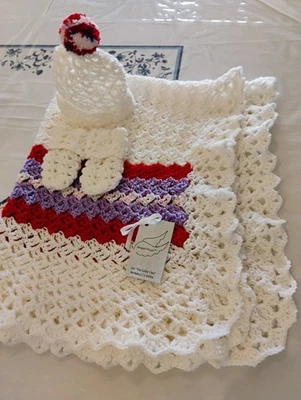 Handmade Baby Red, Pink, Purple  Blanket Set /with Hat, Booties   **33"x38" - Image 1 of 4