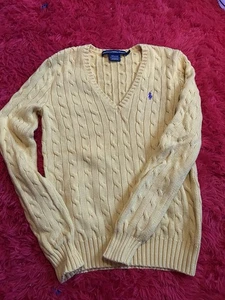 Vtg Polo Ralph Lauren Sports Women Sz M Yellow Cable-Knit Cotton V-Neck Sweater - Picture 1 of 7
