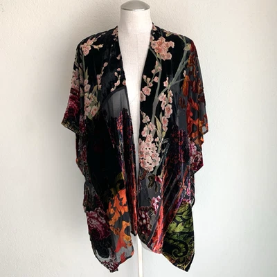 Floreat Anthropologie Burnout Terciopelo Patchwork Kimono Abierto Talla OS Boho Festival Foto 1 de 4