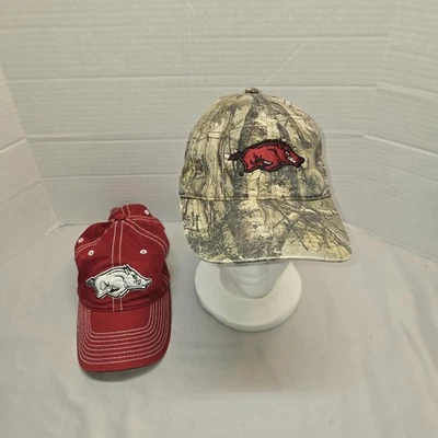 Vtg Arkansas Razorbacks 2 Hat Lot Running Hog And Camo Adj Strapback Tail Gaten  - Image 1 of 4