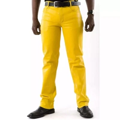 Leather Pant Pants Men's Real Jeans Style Biker Men Motorcycle Trousers Yellow 3 - Image 1 of 4