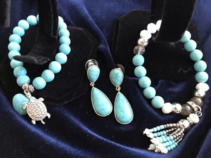 Western BoHo Turquoise drop earring set w 2 bohemian turquoise bead bracelets - Picture 1 of 4