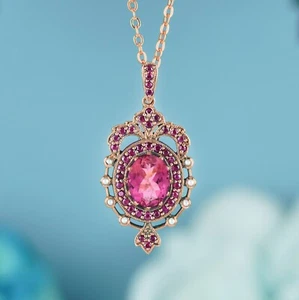14K Rose Gold Natural Pink Tourmaline Ruby Pearl Vintage Style Pendant - Picture 1 of 6