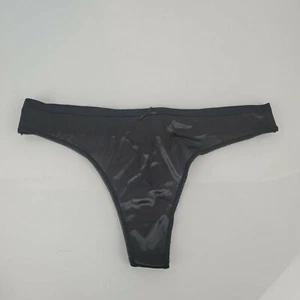 Vintage Victorias Secret Second Skin Satin Liquid Silky Shiny Black Thong L NEW - Picture 1 of 4