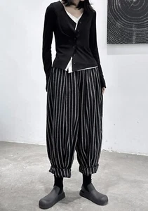 Black Arty Pinstripe Urban Chic Loose Designer Denim Jeans Street Trousers 10 12 - Picture 1 of 15