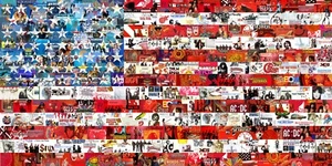 Poster Art Collage Stampa Bandiera USA Made Out Of American Rock Music Albums - Foto 1 di 5