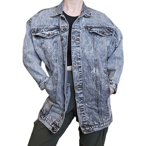 Retro 80s Denim Jean Jacket Mens Small Black Stone Acid Wash Streetwear Gray - Picture 1 of 16