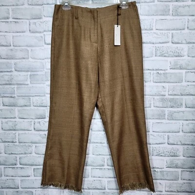Pantalones recortados de tiro medio Poleci para mujer con flecos de tweed de seda tostada dobladillo crudo Foto 1 de 4