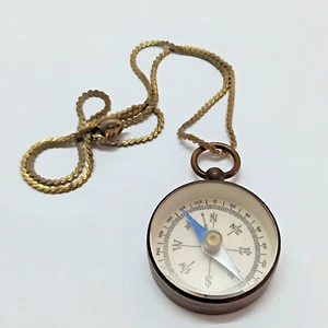 Antique Vintage Compass Brass Necklace Chain Pendant Miniature Nice Good Working - Picture 1 of 13