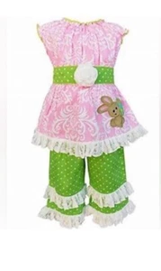 Ann Loren Easter Set Girls Size 7/8 Tunic Top & Ruffle Pants Bunny Lace - Picture 1 of 5