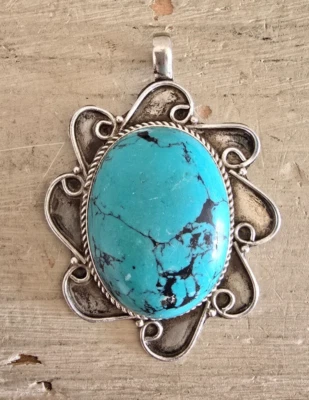 Vintage Ciondolo Pendaglio in Argento e Pietra Colore Turchese - Immagine 1 di 3