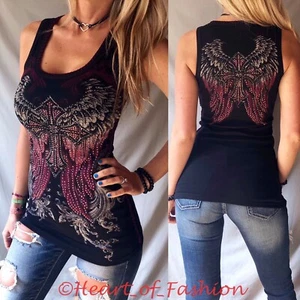 Camiseta sin mangas acanalada de motociclista con detalle de puntada gráfica de ala cruzada adornada negra VOCAL - Imagen 1 de 7