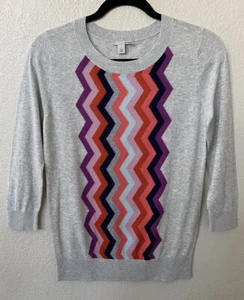 New HALOGEN Crewneck Sweater Three-quarter sleeves In Gray W/stripes Size S - Picture 1 of 10